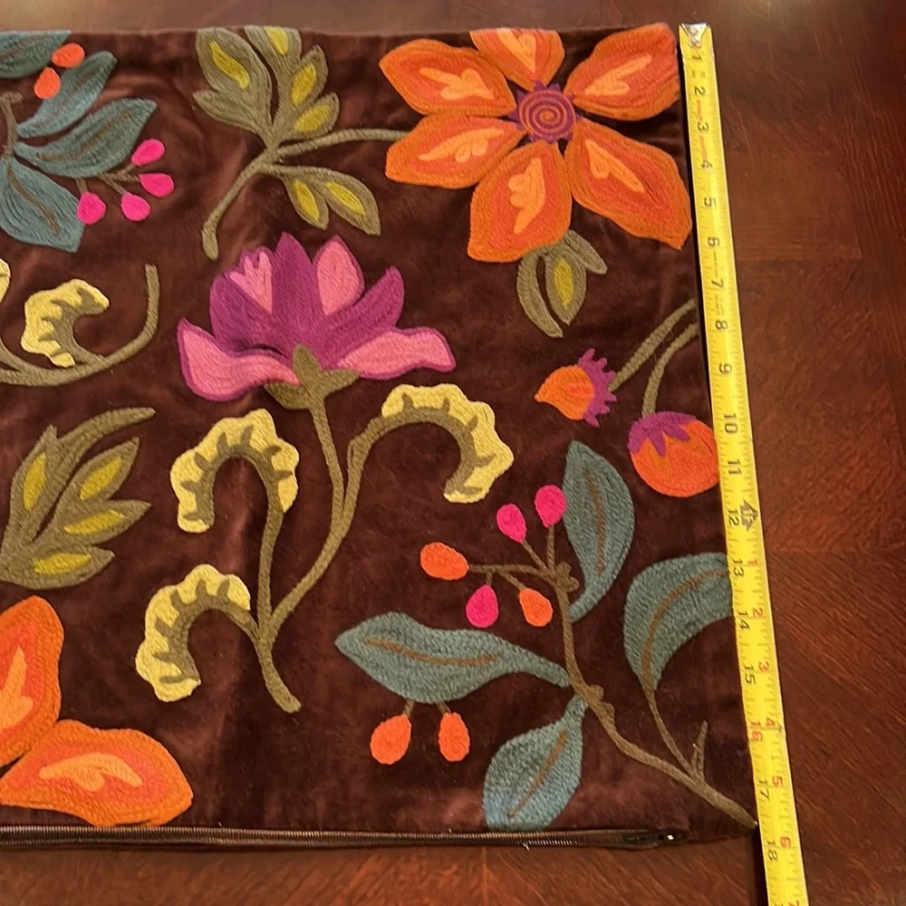 New Crate & Barrel browns velvet pillow cover floral embroidered 17.5”x17.5”